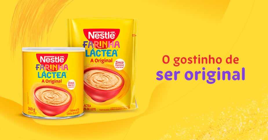 Embalagens de Farinha Láctea Original em lata e sachê com destaque para o sabor tradicional da marca.