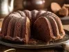 Fotografia de um bolo de chocolate em forma de Bundt, com uma fatia cortada que revela sua textura rica e úmida. O bolo é polvilhado com açúcar de confeiteiro, em um ambiente acolhedor com uma mesa de madeira rústica.
