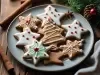 Em cima de uma mesa, prato redondo em com biscoitos em formatos de estrelas e árvore de Natal, decorado com glacê colorido.