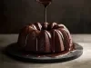 Bolo de chocolate bundt em um prato escuro, sendo coberto com um molho de chocolate brilhante. O fundo desfocado destaca o bolo, que apresenta uma textura densa e úmida, criando uma apresentação apetitosa.