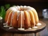 Fotografia de um bolo bundt dourado, coberto com um glacê branco que escorre elegantemente pelas laterais. O bolo está sobre uma tábua de madeira rústica.