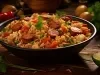 Em cima de uma mesa, prato de porcelana preta com arroz soltinho, calabresa cortada em rodelas, pimentão vermelho picado em cubinhos e ervilhas.