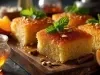 Fotografia de um delicioso bolo laranja, com pedaços cobertos por um brilho de calda, decorados com folhas de hortelã e pistaches, dispostos em uma tábua rústica.