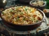 Em cima de uma mesa, tigela com porção de arroz dourado soltinho com uvas passas e nozes picadas.