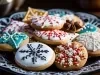 Em cima de uma mesa, prato redondo com biscoitos redondos e em formato de estrelas, decorados com açúcar de confeiteiro e confeitos coloridos.