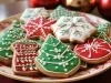 Em cima de uma mesa, prato com biscoitos redondos e em formato de estrelas e boneco de neve, decorados com glacê colorido e confeitos coloridos.