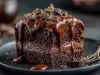 Uma fatia espessa de bolo de chocolate com recheio cremoso no meio, coberta por uma generosa camada de ganache brilhante que escorre pelas laterais. O topo é finalizado com pedaços de chocolate, trazendo ainda mais sabor e textura.