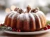 Fotografia de um bolo bundt de Natal em um prato branco. O bolo é coberto com açúcar de confeiteiro e decorado com pinhas, cercado por ramos de pinheiro e enfeites vermelhos.