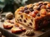 Fotografia de um bolo de frutas natalino, com uma crosta dourada e brilhante, coberto por uma cobertura úmida e caramelizada. O interior denso revela frutas secas, como uvas-passas e damascos, em um ambiente festivo com nozes ao redor.
