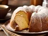 Outro bolo no mesmo estilo (formato de anel), também polvilhado com açúcar de confeiteiro. Está sobre um prato branco, com cenário claro e delicado, transmitindo leveza e elegância.