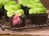 Imagem de cupcakes de chocolate com cobertura verde e recheio rosa.