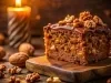 Fotografia de um pedaço de bolo rico e úmido, coberto com uma camada brilhante de chocolate, decorado com nozes inteiras, em um ambiente acolhedor com uma vela ao fundo.