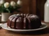 Fotografia de um bolo de chocolate em um prato decorativo, polvilhado com açúcar de confeiteiro. O cenário rústico inclui flores brancas e utensílios, transmitindo um ambiente acolhedor e elegante.