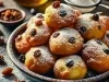Em cima de uma mesa, tábua com bolinhos redondos dourados, decorado com açúcar de confeiteiro e uvas-passas.