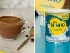 Foto dividida ao meio, na esquerda há uma xícara com a bebida de café gelado e à direita uma lata de ninho leite em pó adulto