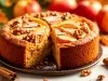 Fotografia de um bolo de maçã caseiro, com uma crosta dourada e interior úmido, decorado com fatias de maçã e nozes, polvilhado com açúcar de confeiteiro, acompanhado por maçãs vermelhas e canela.