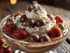 Fotografia do strogonoff de chocolate em uma taça de vidro com morangos, chantilly e os bombons serenata do amor.