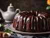 Bolo de chocolate Bundt é o destaque, coberto com um brilho de chocolate que escorre pelas laterais. Ele está em um prato decorativo sobre um tecido escuro, com um bule de cerâmica e flores ao fundo.