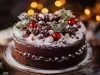 Fotografia de um bolo de chocolate decorado para o Natal, com duas camadas, recheio de creme e coberto com açúcar de confeiteiro. Adornado com frutas vermelhas, folhas verdes e nozes, cria um visual festivo e acolhedor.