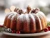 Fotografia de um bolo de Natal em um prato branco, coberto com açúcar de confeiteiro e decorado com pinhas e ramos de pinheiro. O fundo desfocado apresenta luzes quentes.