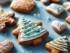 Em cima de uma mesa, biscoitos em forma de boneco de neve,  decorado com glacê branco e verde e confeitos coloridos.