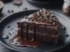 Fatia de bolo de chocolate em camadas, recheada e coberta com ganache bem cremosa. Por cima, gotas de chocolate dão um toque especial. A cobertura escorre pelo prato, deixando a apresentação ainda mais apetitosa.