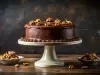 Bolo de chocolate decorado, apresentado em um pedestal branco. Coberto com uma cobertura lisa e brilhante, é adornado com nozes inteiras e detalhes em chocolate.