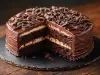 Em cima de uma mesa, prato redondo com bolo de chocolate fofo, recheado com creme branco, cobertura de chocolate e chocolate ralado.