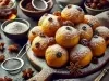 Em cima de uma mesa, tábua com bolinhos redondos dourados, decorado com açúcar de confeiteiro e uvas-passas.