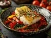 Em cima de uma mesa, prato redondo com tiras de pimentões vermelhos e amarelos, em cima deles posta de bacalhau com azeite.