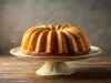 Fotografia de um bolo bundt perfeitamente assado em um suporte cerâmico branco. O bolo apresenta uma superfície lisa, fofinha e brilhante, com um fundo neutro que destaca sua cor e textura.