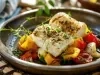 Em cima de uma mesa, prato redondo com pimentões vermelhos e amarelos picados, em cima deles posta de bacalhau decorado com folhas.