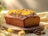 Fotografia de um bolo de laranja com nozes, apresentado em uma tábua de madeira. O bolo possui uma crosta dourada e é polvilhado com açúcar de confeiteiro, decorado com fatias de laranja e nozes.
