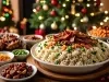 Em cima de uma mesa, porção de arroz com bacon, cenoura e ervilhas.