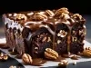 Fotografia de um bolo de chocolate com nozes, exibido em um fundo escuro. O bolo é coberto com chocolate derretido, com nozes inteiras e partidas decorando sua superfície.
