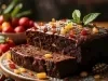 Bolo de frutas escuro e texturizado, coberto com um brilho úmido e decorado com frutas cristalizadas coloridas. Uma fatia foi cortada, revelando um interior denso e rico. O bolo é emoldurado por frutas frescas e um ambiente acolhedor.