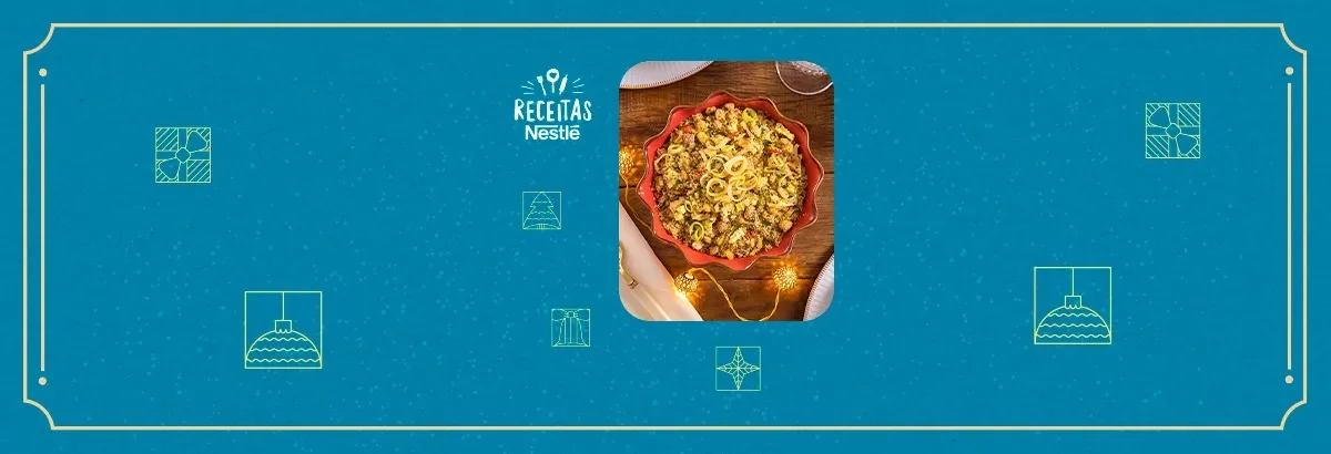 Banner azul com detalhes dourados, à direita pratos natalinos: Farofa e torta decorada. 
