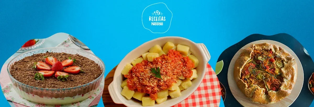 Três pratos variados selecionados para o dia das Mães, sobre fundo azul com o logo 'Receitas Nestlé' ao centro.