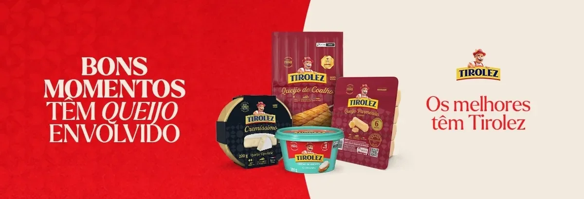 Banner Tirolez com queijos variados e frase “bons momentos têm queijo envolvido” em fundo vermelho	