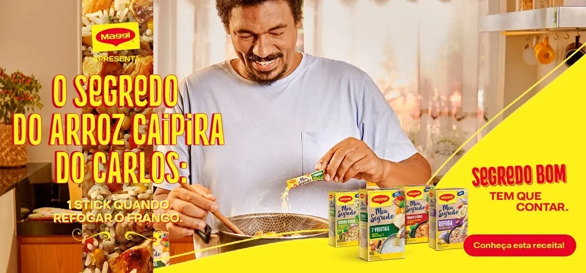Imagem de um homem cozinhando e segurando um tempero, um texto à esquerda e uma faixa amarela à direita com imagens e textos