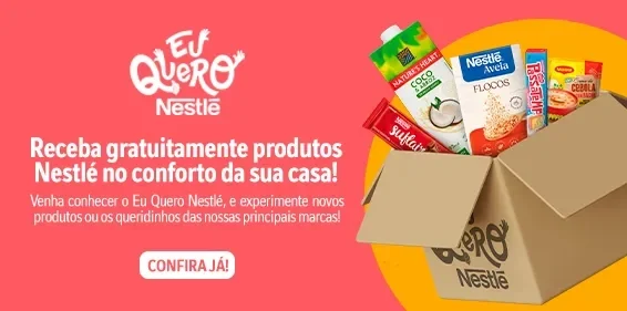 Imagem com um fundo rosa e um texto escrito "Receba gratuitamente produtos Nestlé no conforto da sua casa", ao lado uma caixa