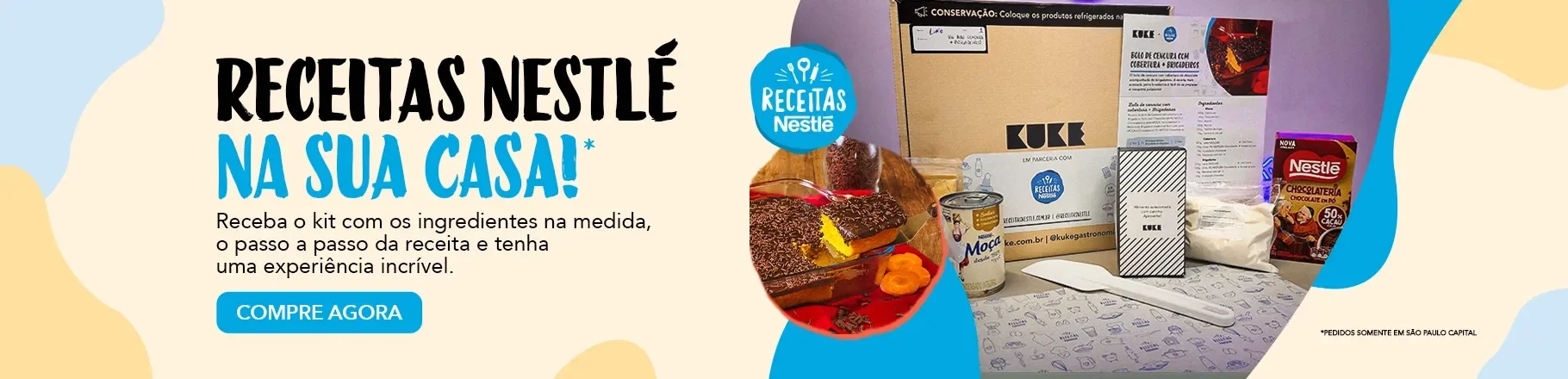 Imagem com fundo azul e amarelo, com foto de um bolo e a caixa Kuke e alguns produtos Nestlé como Moça e Chocolate