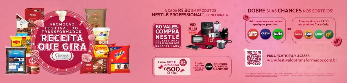 Imagem com fundo rosa e fotos dos produtos de Nestlé Professional com o texto: "Promoção Festival do Transformador"