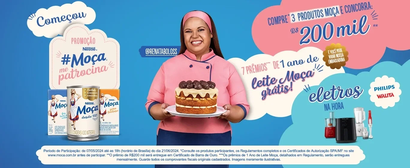 Imagem com fundo azul e rosa com a imagem de uma mulher segurando um bolo e o texto &quot;Promoção Moça me Patrocina&quot;