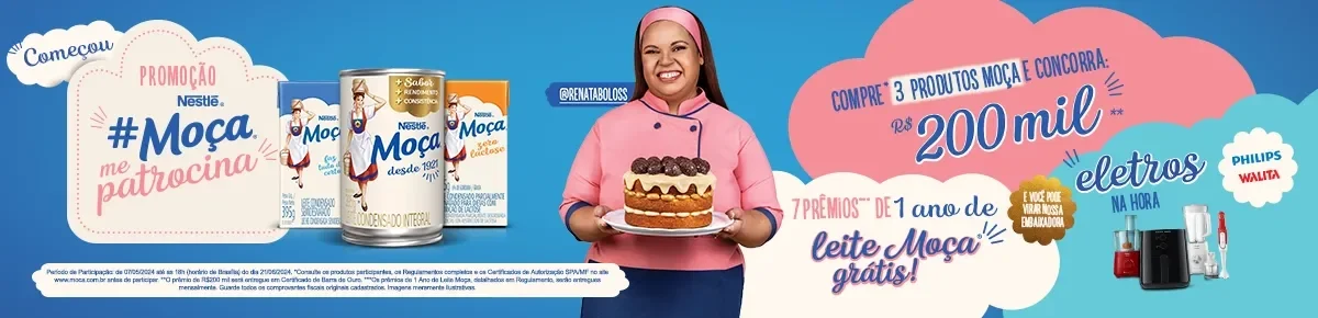 Imagem com fundo azul e rosa com a imagem de uma mulher segurando um bolo e o texto "Promoção Moça me Patrocina"