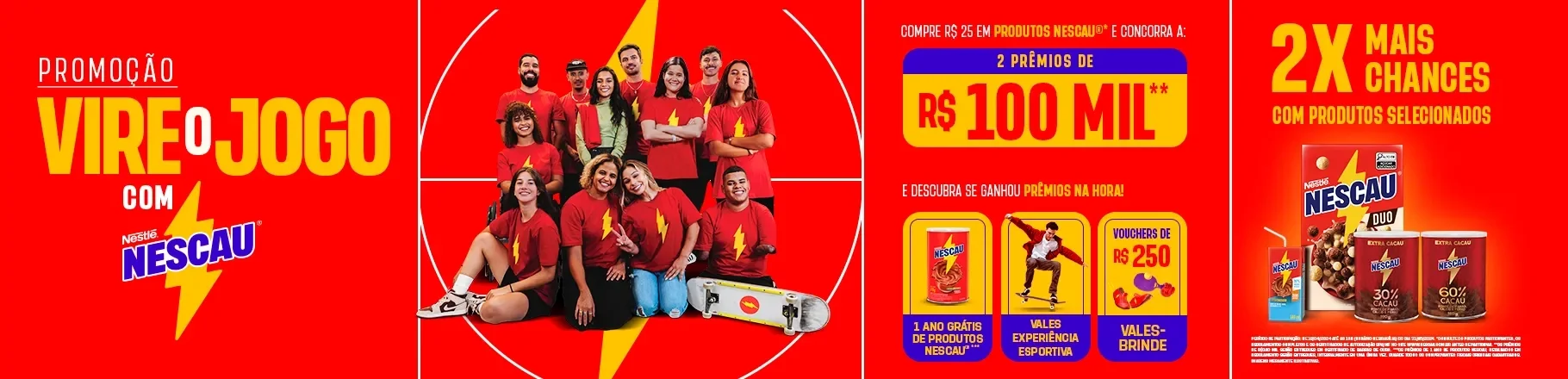 Promoção de Nescau com um fundo vermelho, foto dos embaixadores da marca e ao lado passo a passo para concorrer a prêmios