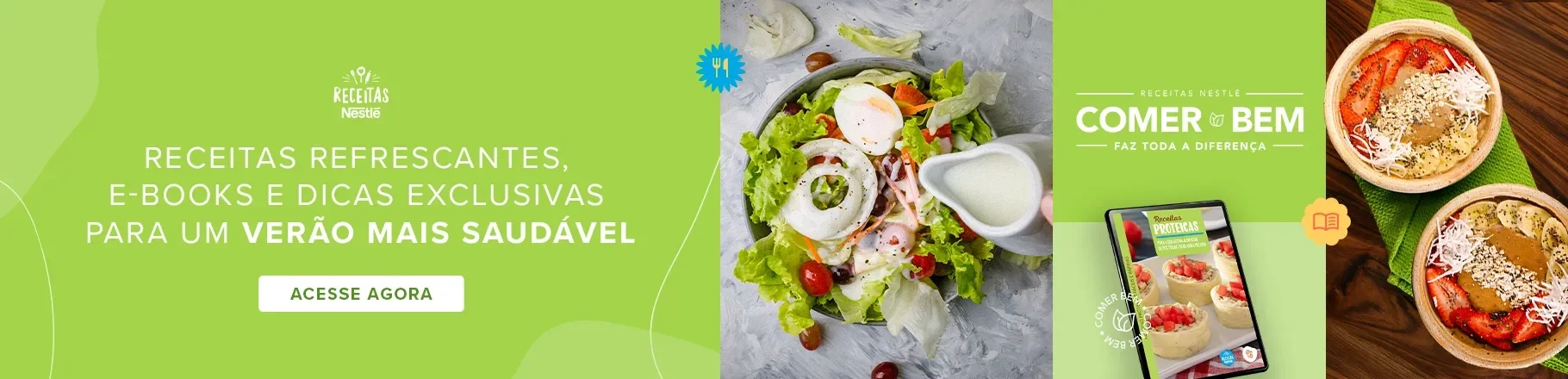 Fundo verde claro, ao lado direito um prato de salada e um tablet com o E-book de Receitas Saudáveis. 