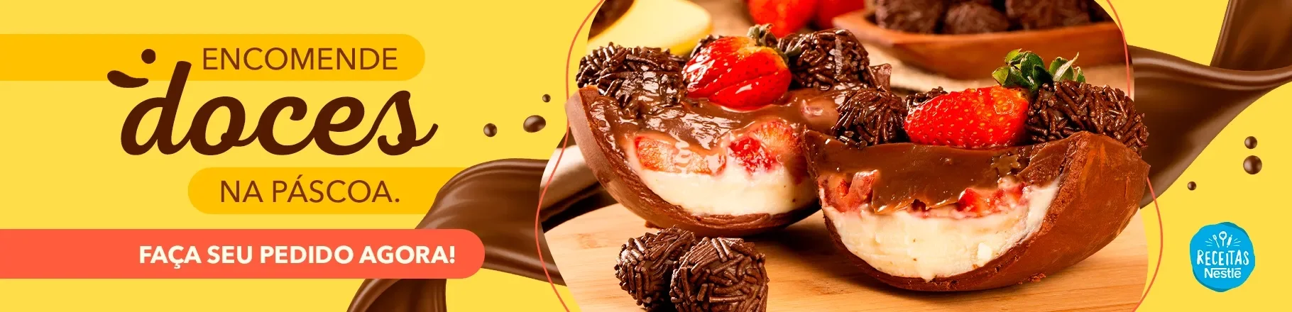 Fundo amarelo, ao lado esquerdo um ovo de páscoa com recheio de chocolate e morango