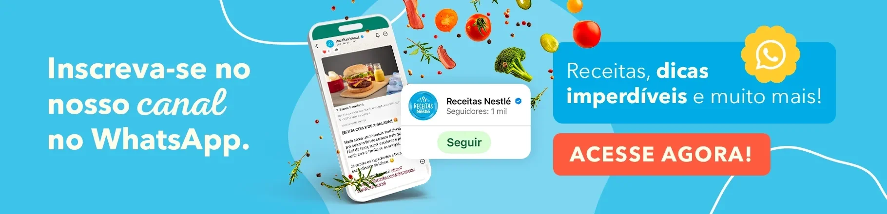 Fundo azul com um celular mostrando o conteúdo do canal do WhatsApp. 