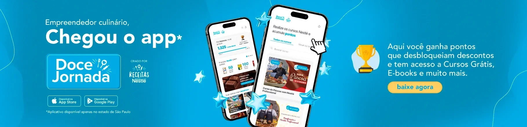 Banner azul com destaque para o app Doce Jornada, celulares exibindo o aplicativo e cursos e botão “baixe agora”.